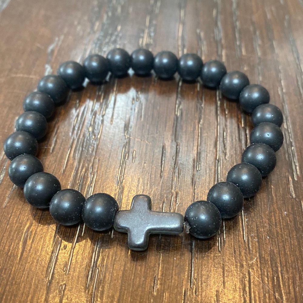 Black Beaded Elastic Cross Charm Bracelet